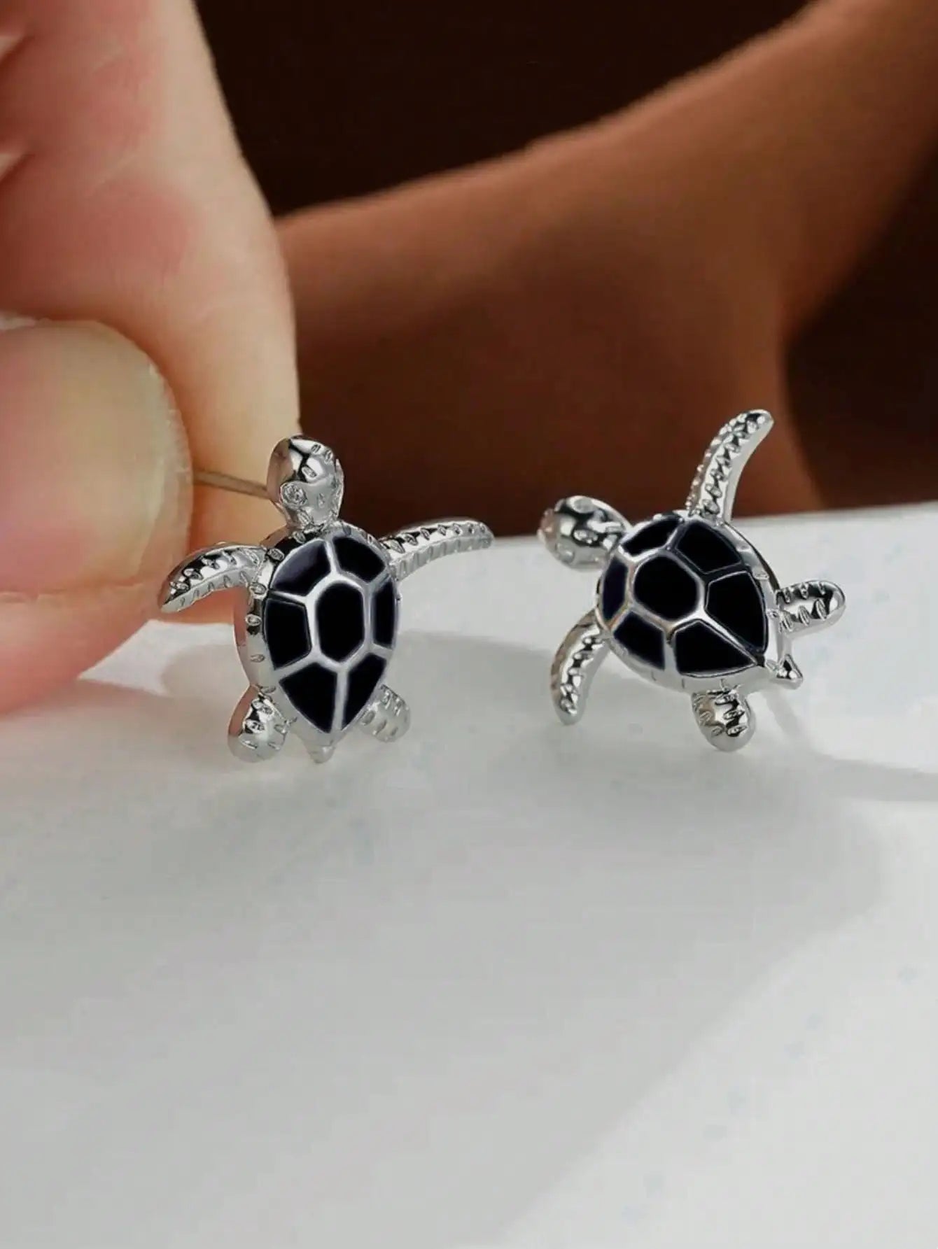 Tiny Sea Turtle Stud Earrings with Turquoise Enamel Shell in Silver-Tone Metal by MadisonnSavannahBoutique