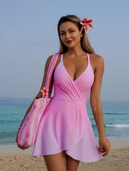 Women's Solid V-Neck Criss-Cross Back One-Piece Swimsuit by MadisonnSavannahBoutique