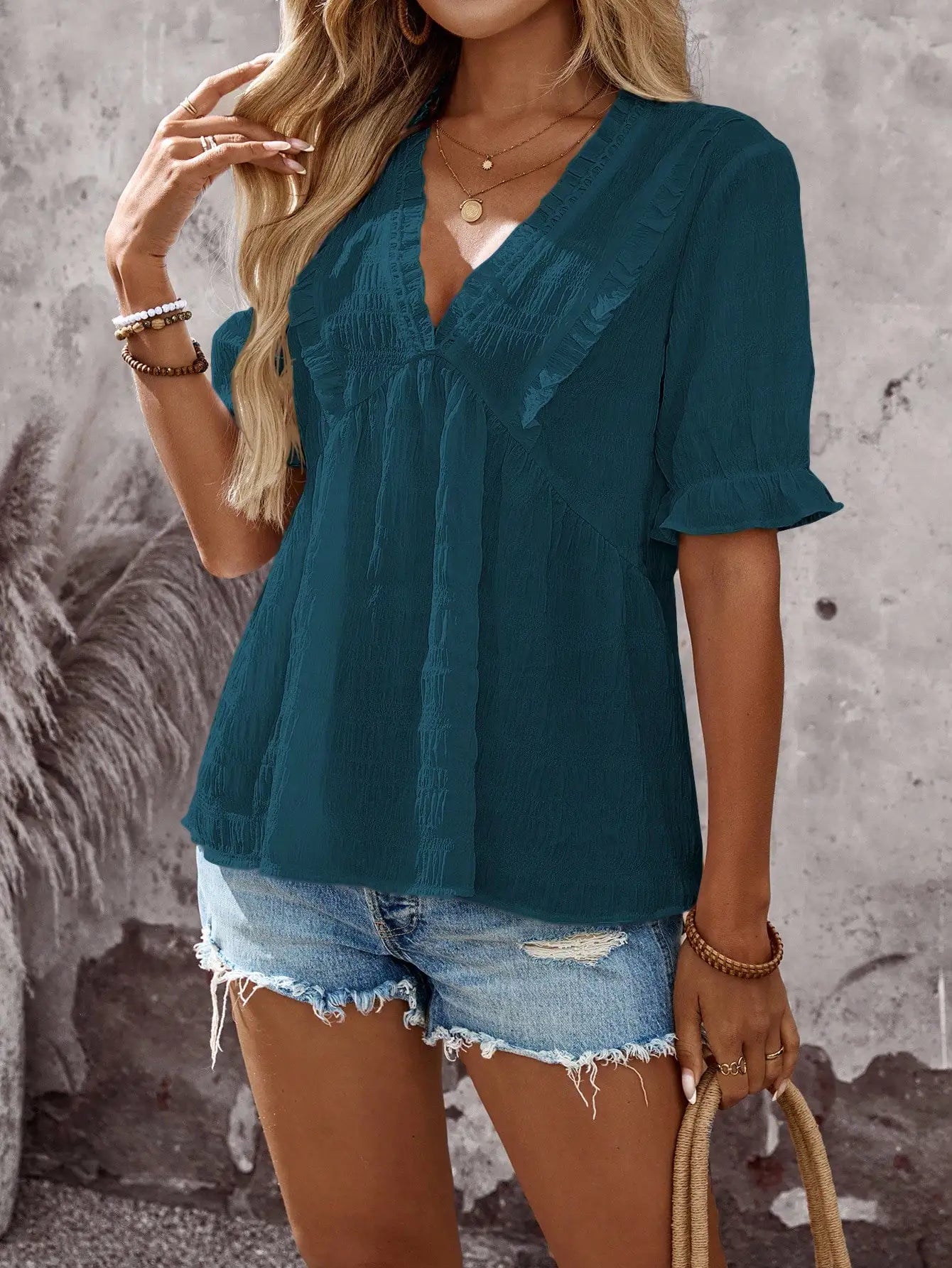 V-Neck Ruffle Blouse With Short Sleeve by MadisonnSavannahBoutique