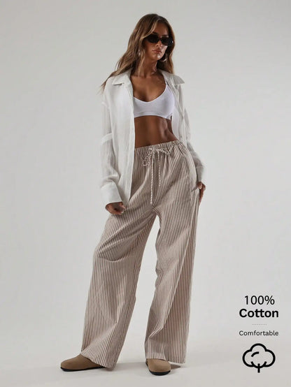Striped Linen Feel Drawstring Waist Wide Leg Pants by MadisonnSavannahBoutique