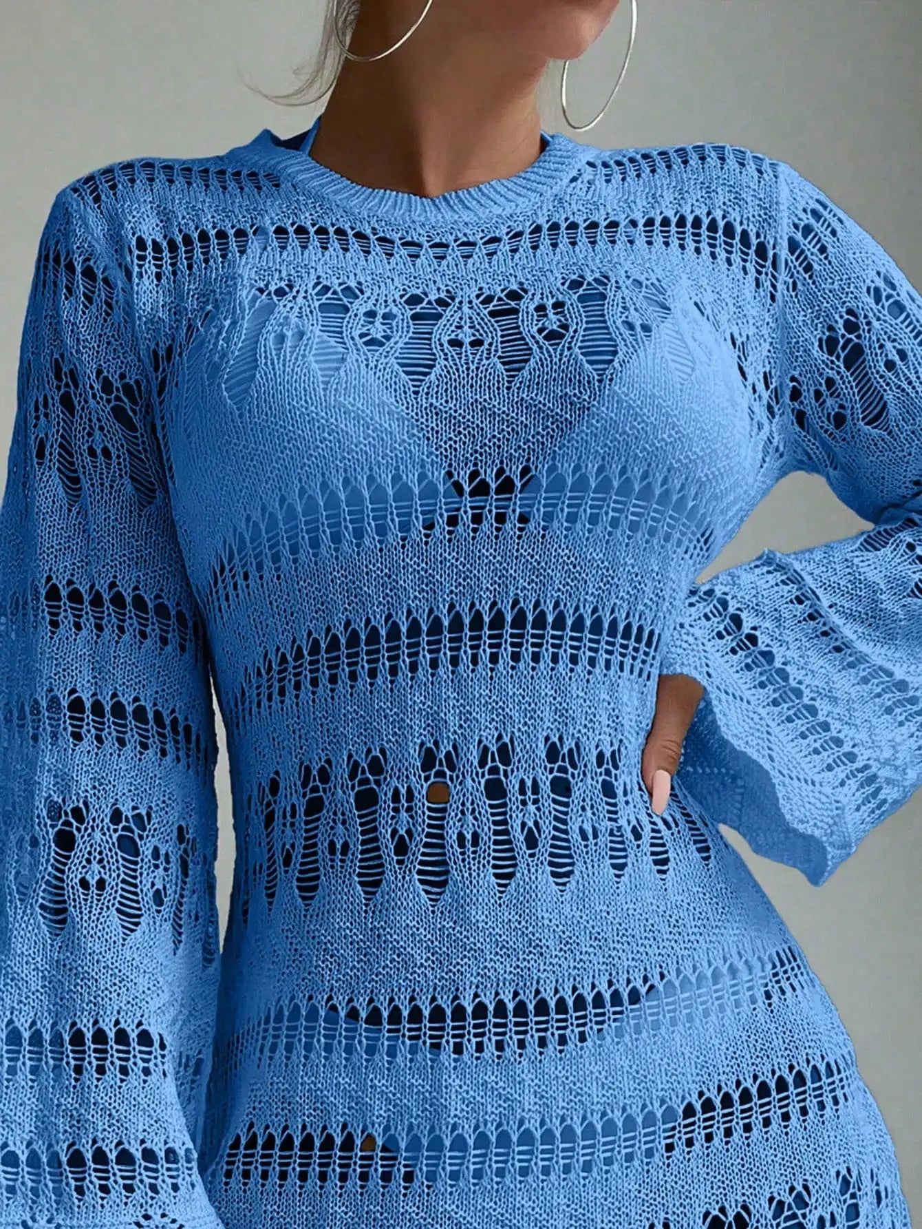 Blue Hollow Out Crochet Cover Up Dress With Scallop Trim Beachwear by MadisonnSavannahBoutique