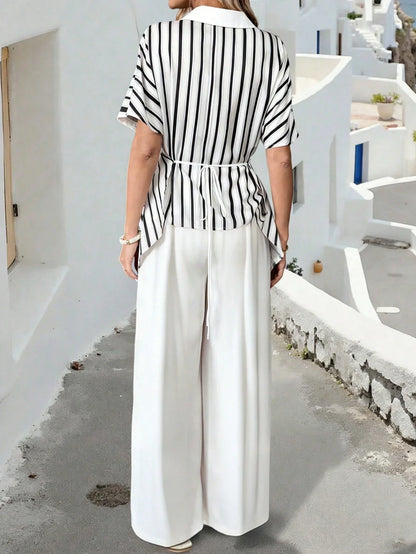 V-Neck Short Sleeve Wrap Top With Wide Leg Pants Set by MadisonnSavannahBoutique