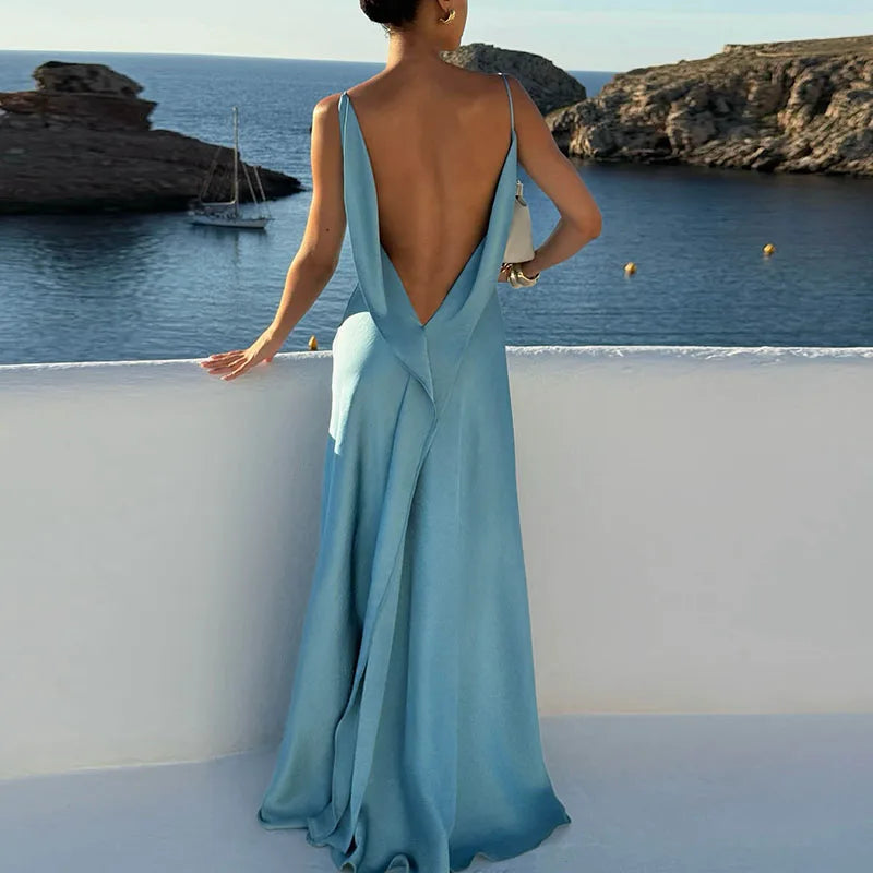 Elegant Solid Sling  Sleeveless Backless A-Line Maxi Dresses