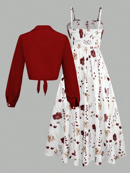Floral Print Long Sleeve Two-Piece Set With Knotted Top And Midi Dress by MadisonnSavannahBoutique