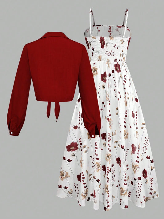 Floral Print Long Sleeve Two-Piece Set With Knotted Top And Midi Dress by MadisonnSavannahBoutique