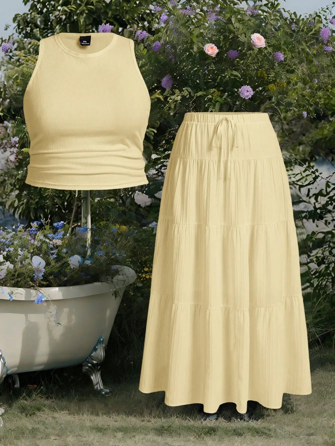 Butter Yellow Sleeveless Crop Top And Tiered Maxi Skirt Set by MadisonnSavannahBoutique