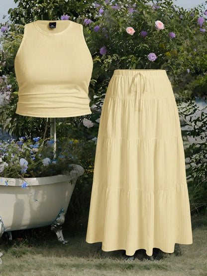 Butter Yellow Sleeveless Crop Top And Tiered Maxi Skirt Set by MadisonnSavannahBoutique