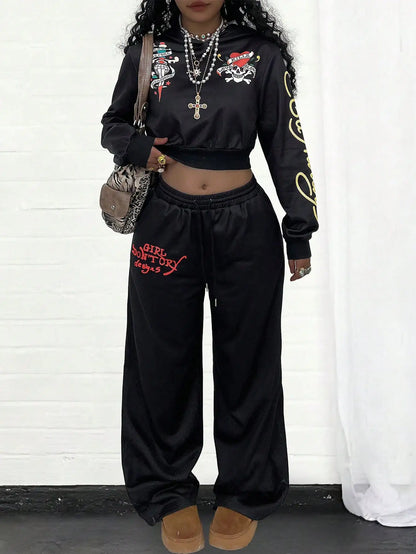 Ed Hardy Skull & Heart Print Cropped Hoodie and Wide Leg Pants Set by MadisonnSavannahBoutique