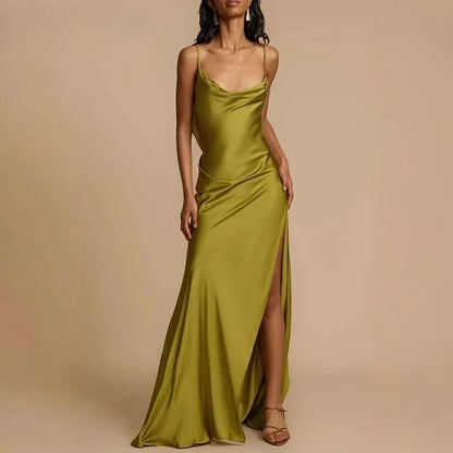 Elegant Solid Sling  Sleeveless Backless A-Line Maxi Dresses