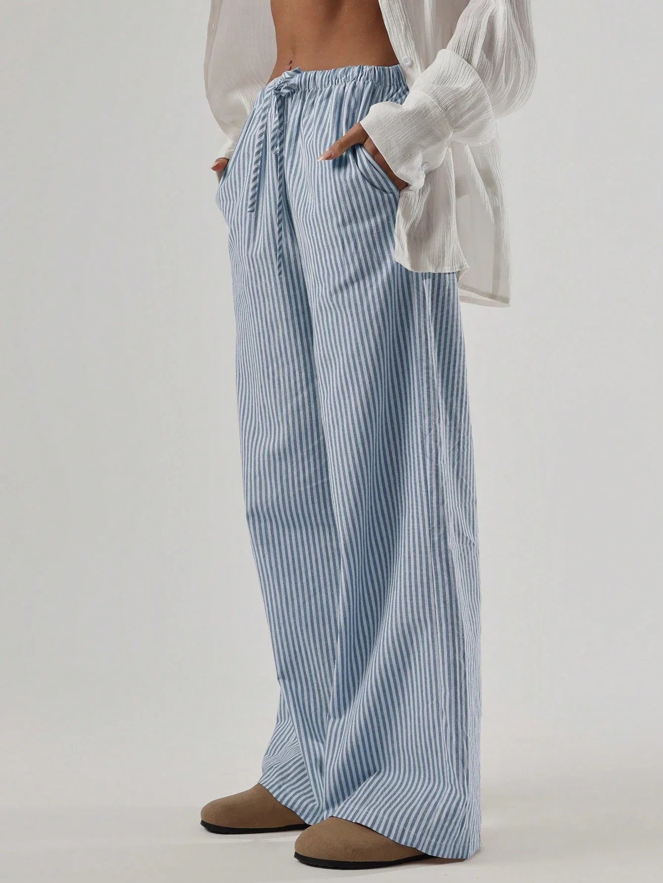 Striped Linen Feel Drawstring Waist Wide Leg Pants by MadisonnSavannahBoutique