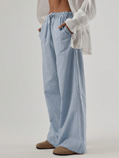 Striped Linen Feel Drawstring Waist Wide Leg Pants by MadisonnSavannahBoutique
