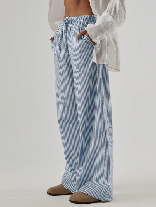 Striped Linen Feel Drawstring Waist Wide Leg Pants by MadisonnSavannahBoutique