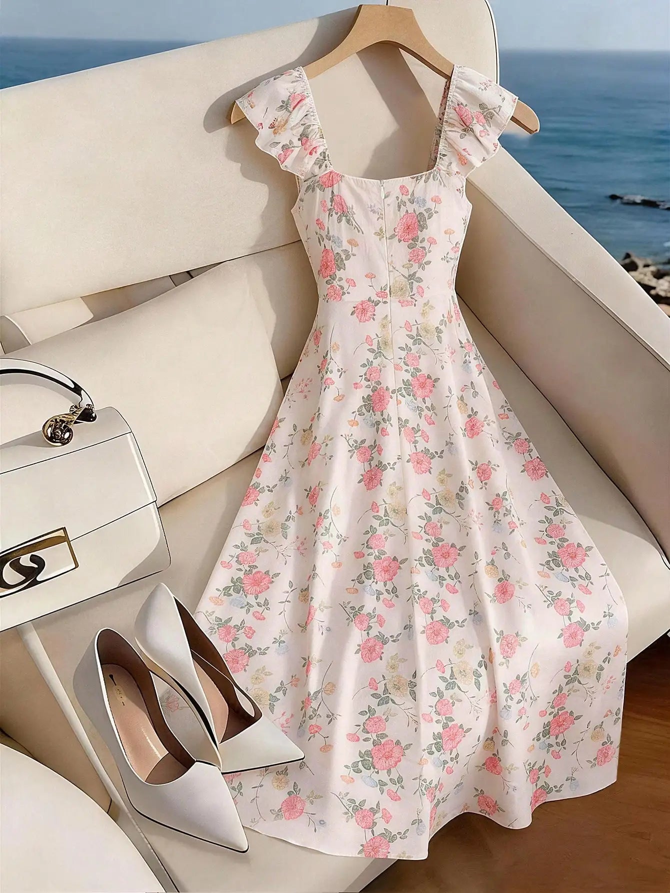 Floral Print Square Neck Flare Sleeve A-Line Maxi Dress With Zipper Back by MadisonnSavannahBoutique