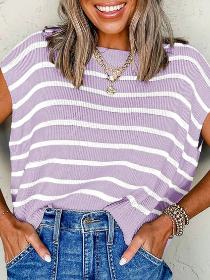 Striped Side Slit Round Neck Short Sleeve Knit Sweater by MadisonnSavannahBoutique