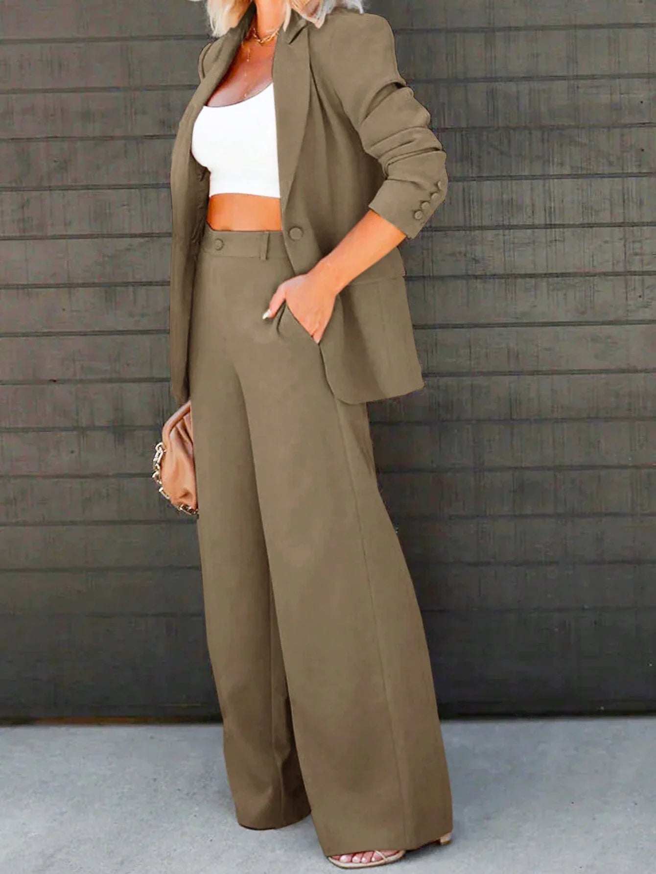 wo-Piece Suit Single Button Blazer And Wide Leg Trousers by MadisonnSavannahBoutique