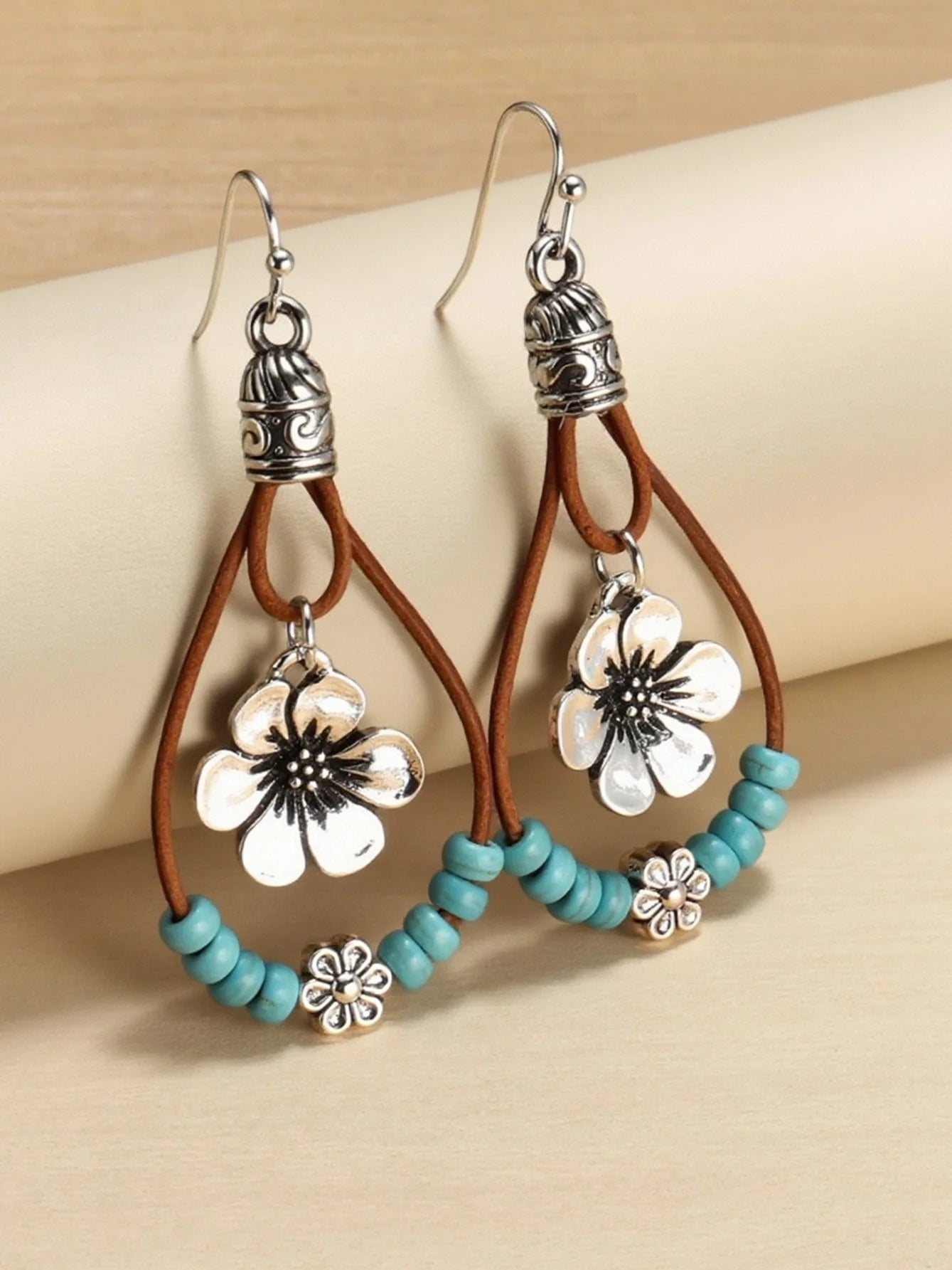 Bohemian Style Alloy Plum Blossom Pendant With Turquoise Beads, Double Layer Dangle Earrings, Vintage Jewelry by MadisonnSavannahBoutique