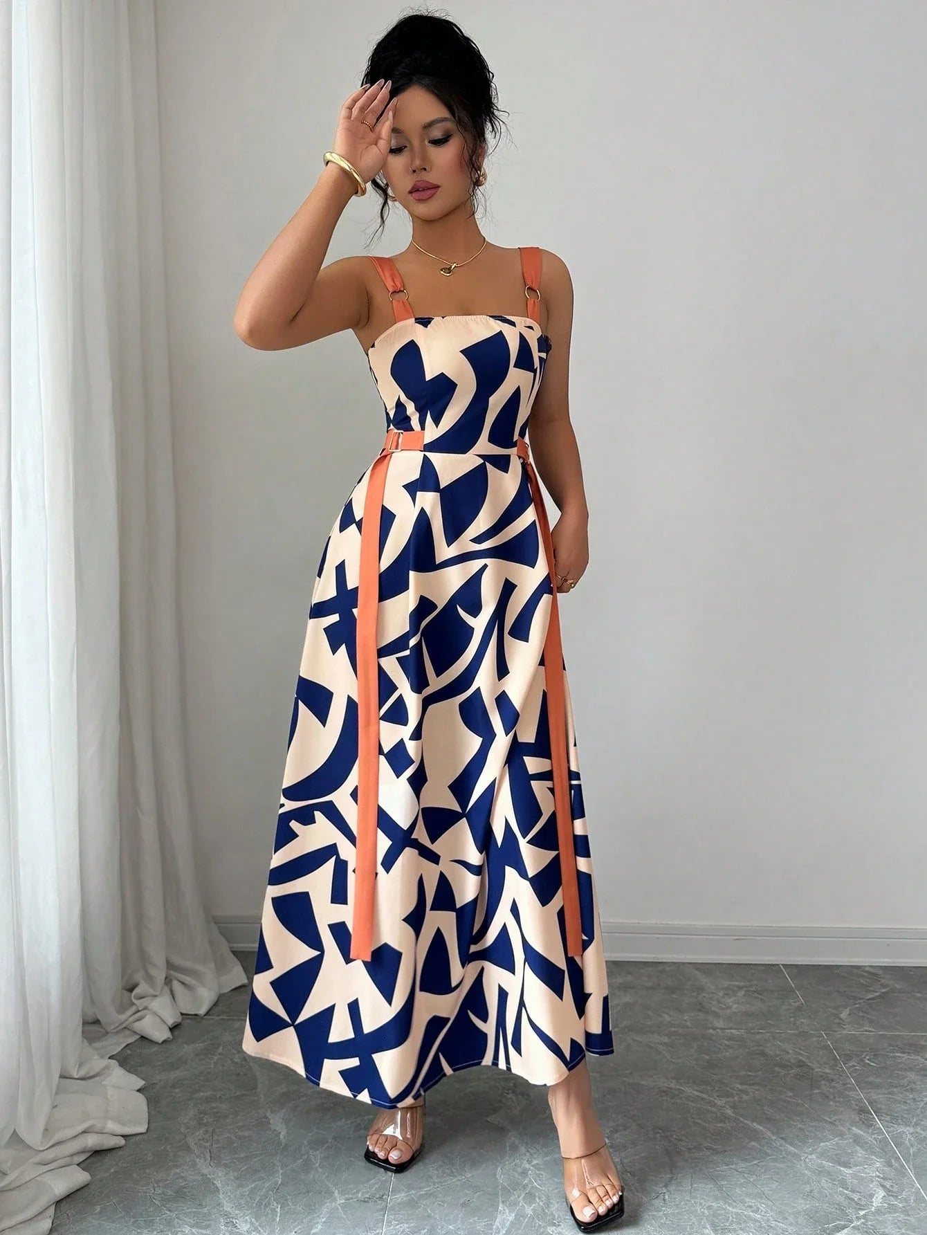 Casual Spaghetti Strap Waisted Wide Hem Geometric Print Maxi Dress by MadisonnSavannahBoutique