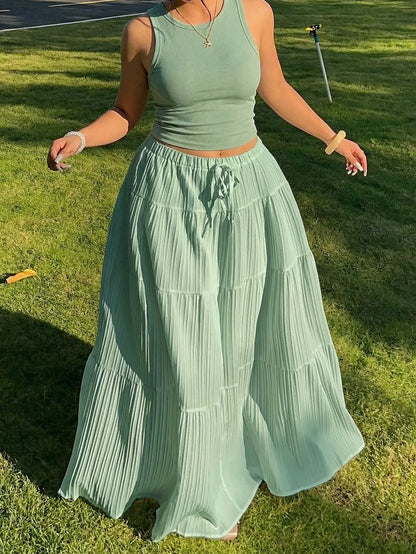 Butter Yellow Sleeveless Crop Top And Tiered Maxi Skirt Set by MadisonnSavannahBoutique