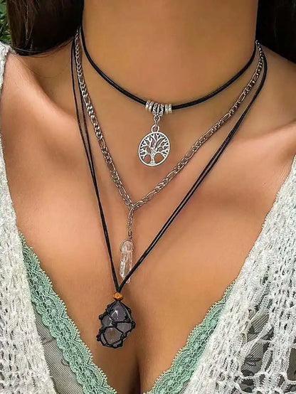 3-Layer Boho Pendant Necklace Set with Sun Charm, Glass Dome & Stone Bead by MadisonnSavannahBoutique