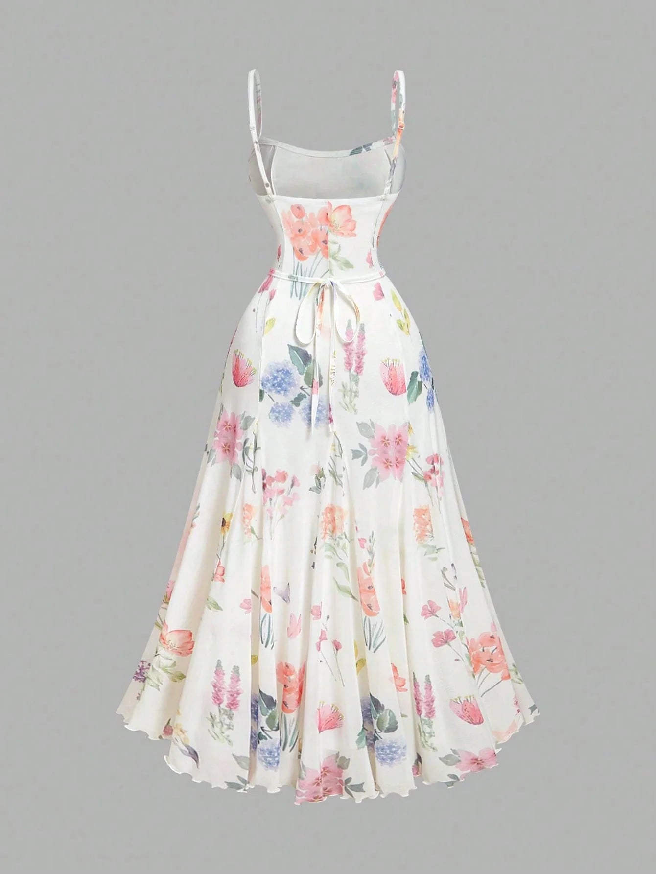 Elegant White Floral A-Line Maxi Dress With Spaghetti Straps And Waist Tie by MadisonnSavannahBoutique