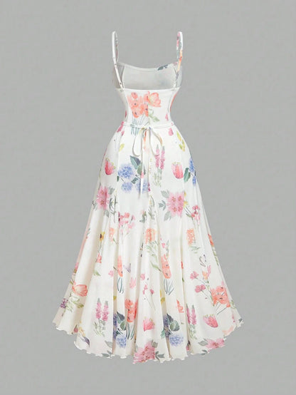 Elegant White Floral A-Line Maxi Dress With Spaghetti Straps And Waist Tie by MadisonnSavannahBoutique