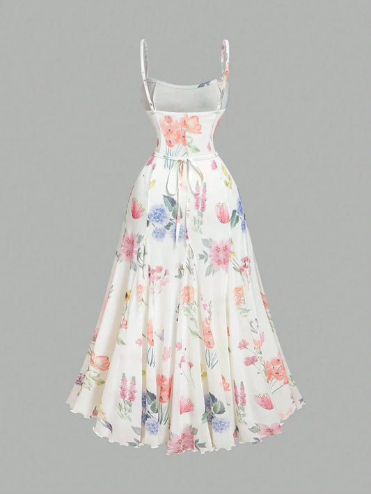 Elegant White Floral A-Line Maxi Dress With Spaghetti Straps And Waist Tie by MadisonnSavannahBoutique