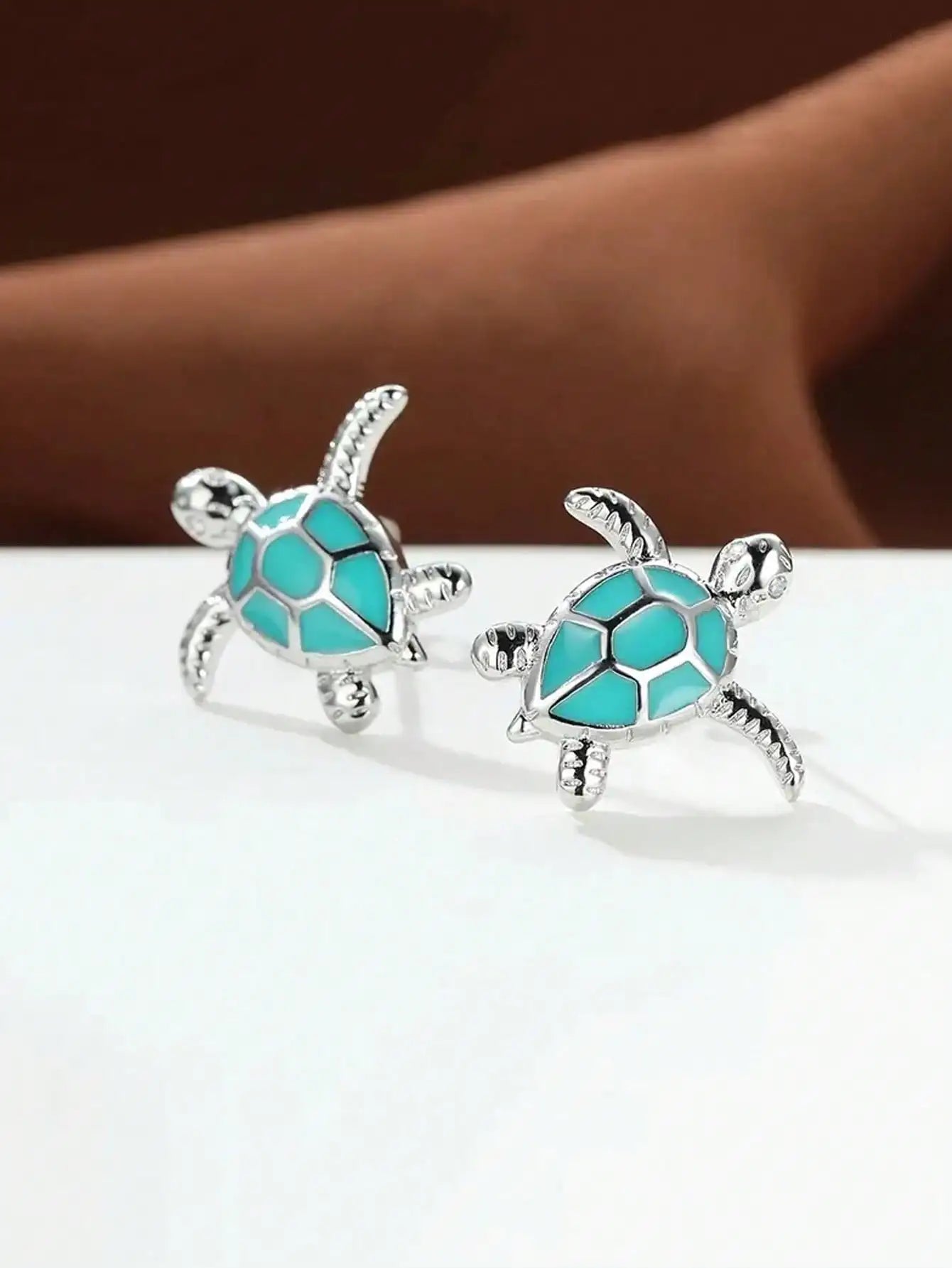 Tiny Sea Turtle Stud Earrings with Turquoise Enamel Shell in Silver-Tone Metal by MadisonnSavannahBoutique