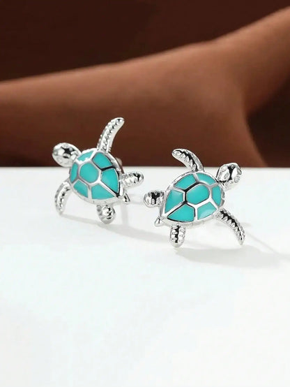 Tiny Sea Turtle Stud Earrings with Turquoise Enamel Shell in Silver-Tone Metal by MadisonnSavannahBoutique