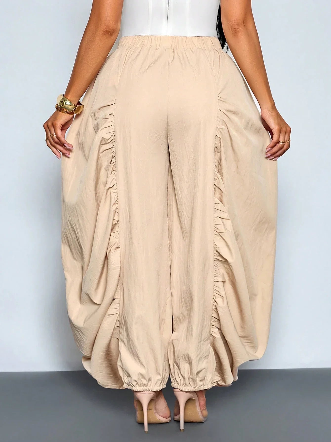 Women's Beige Loose Wide Leg Pleated Casual Pants With Drawstring Waist And Pockets by MadisonnSavannahBoutique