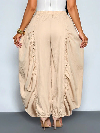 Women's Beige Loose Wide Leg Pleated Casual Pants With Drawstring Waist And Pockets by MadisonnSavannahBoutique