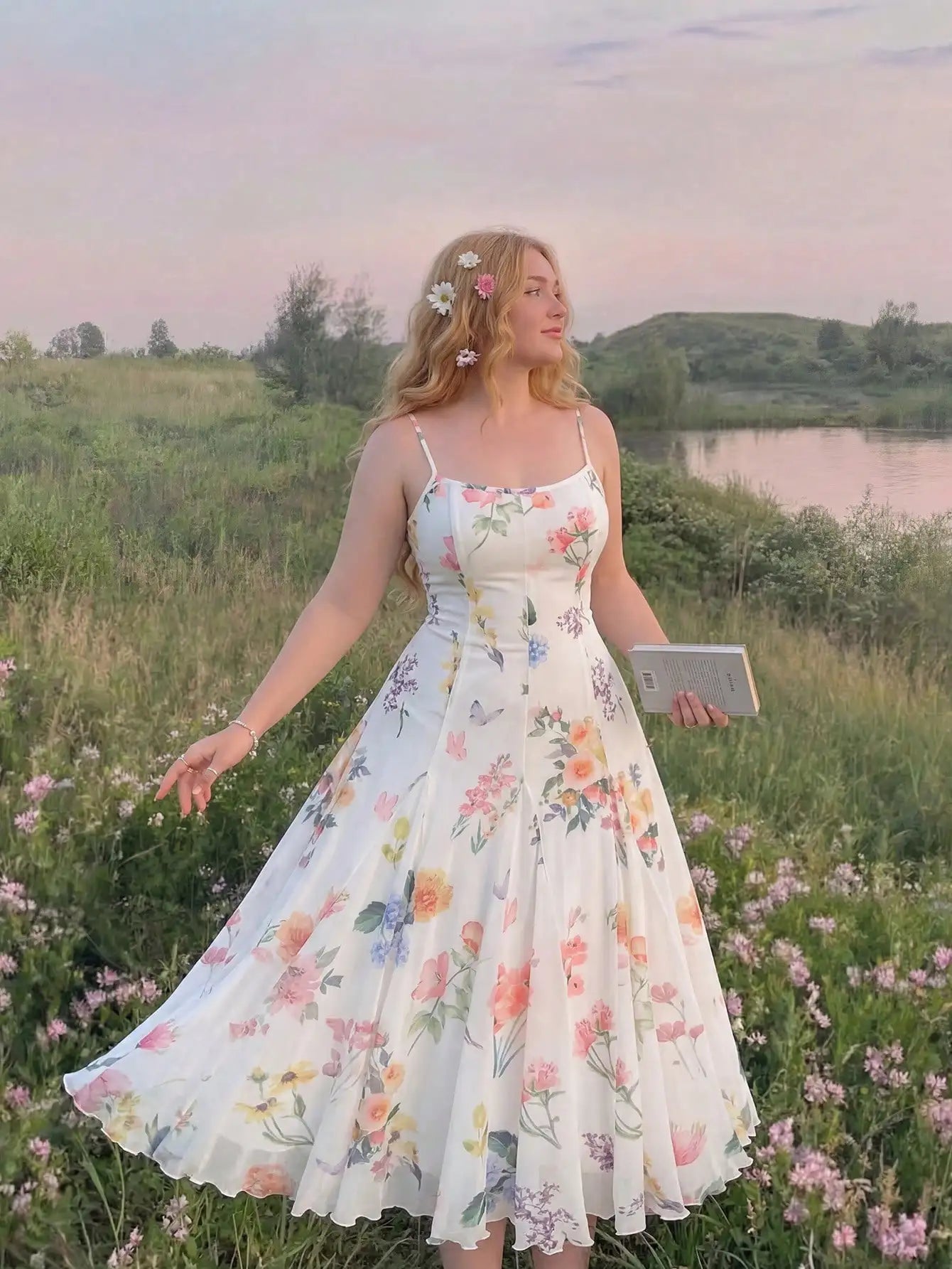 Elegant White Floral A-Line Maxi Dress With Spaghetti Straps And Waist Tie by MadisonnSavannahBoutique