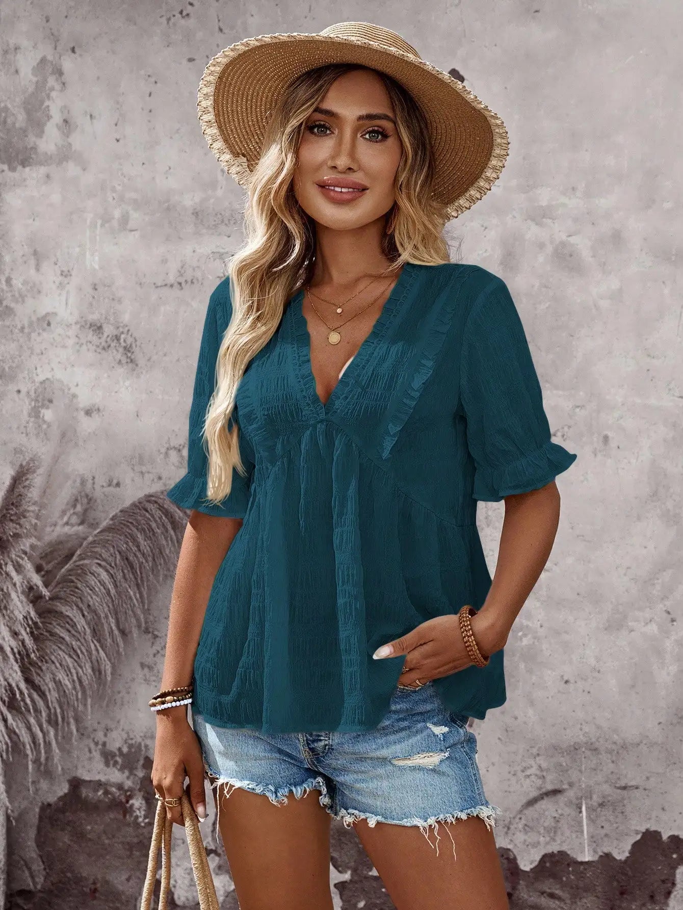 V-Neck Ruffle Blouse With Short Sleeve by MadisonnSavannahBoutique