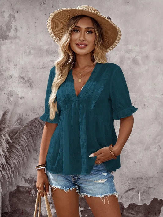 V-Neck Ruffle Blouse With Short Sleeve by MadisonnSavannahBoutique