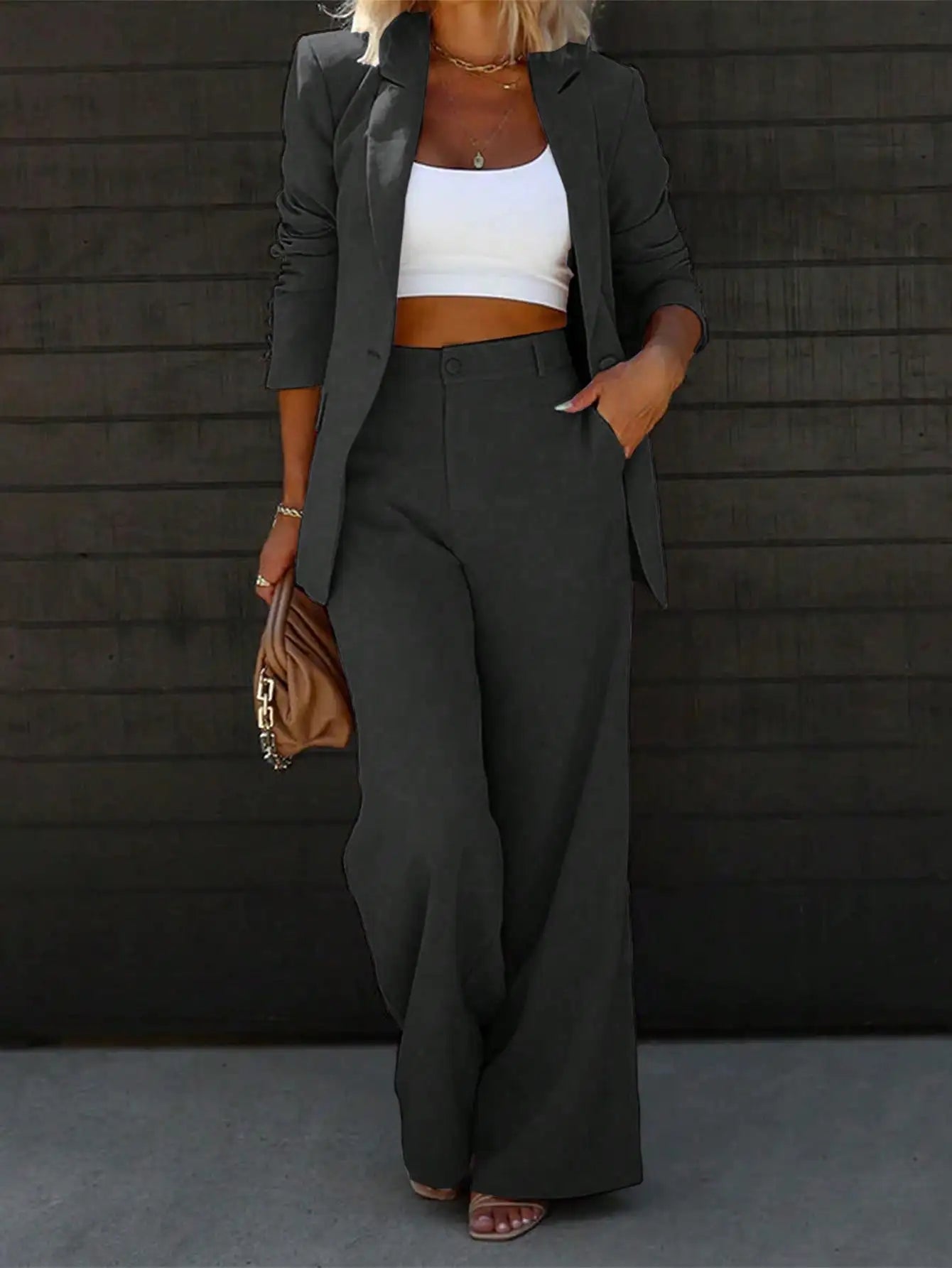 wo-Piece Suit Single Button Blazer And Wide Leg Trousers by MadisonnSavannahBoutique