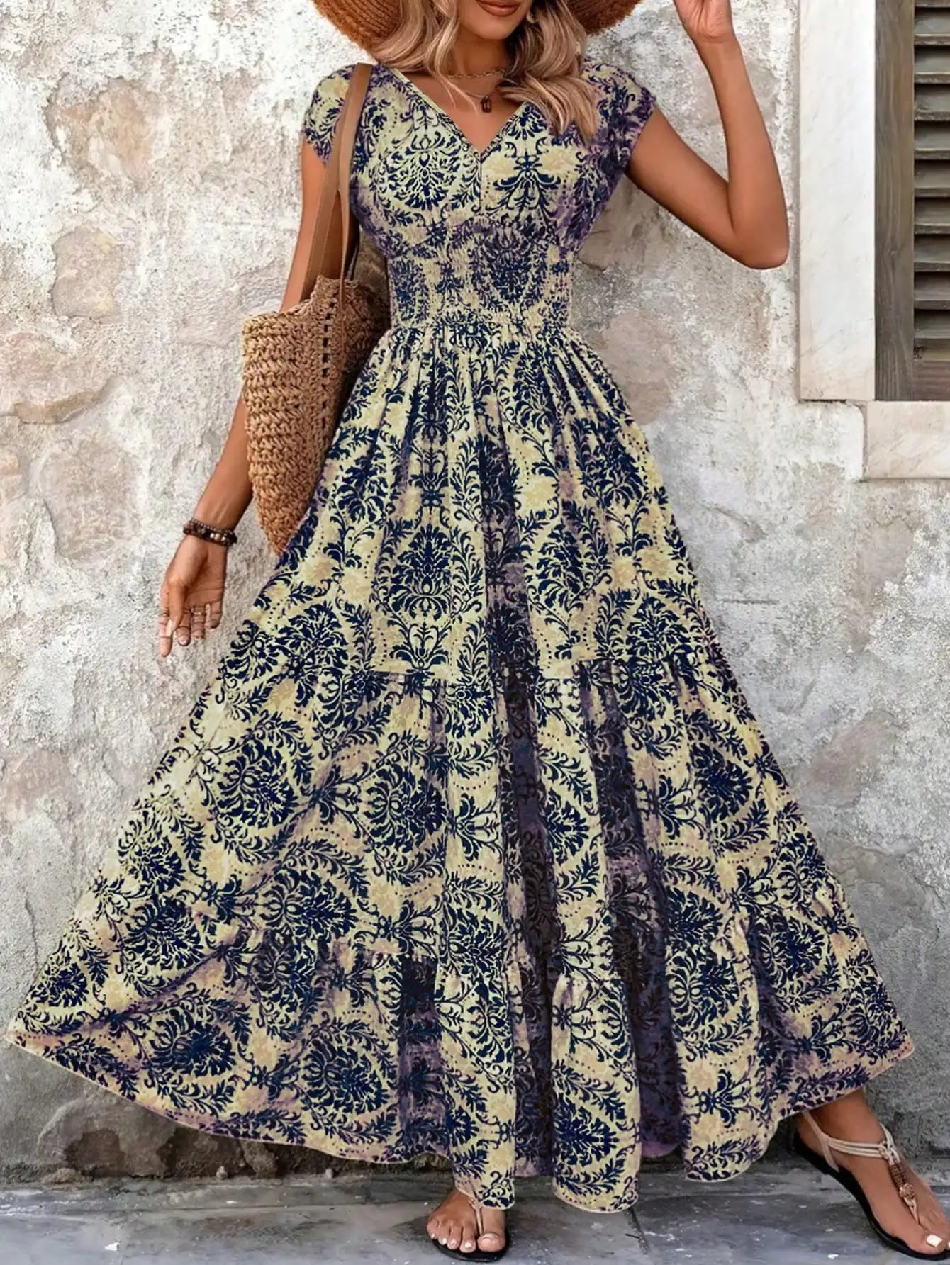 Boho Chic V-Neck Cap Sleeve Floral Print Maxi Dress by MadisonnSavannahBoutique