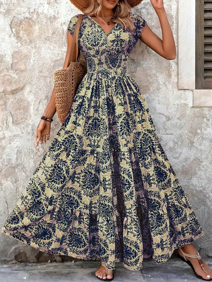 Boho Chic V-Neck Cap Sleeve Floral Print Maxi Dress by MadisonnSavannahBoutique