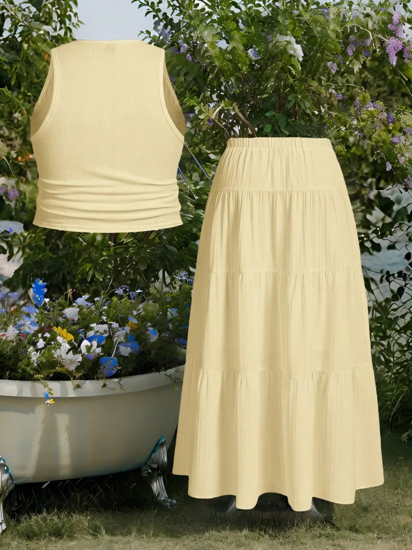 Butter Yellow Sleeveless Crop Top And Tiered Maxi Skirt Set by MadisonnSavannahBoutique