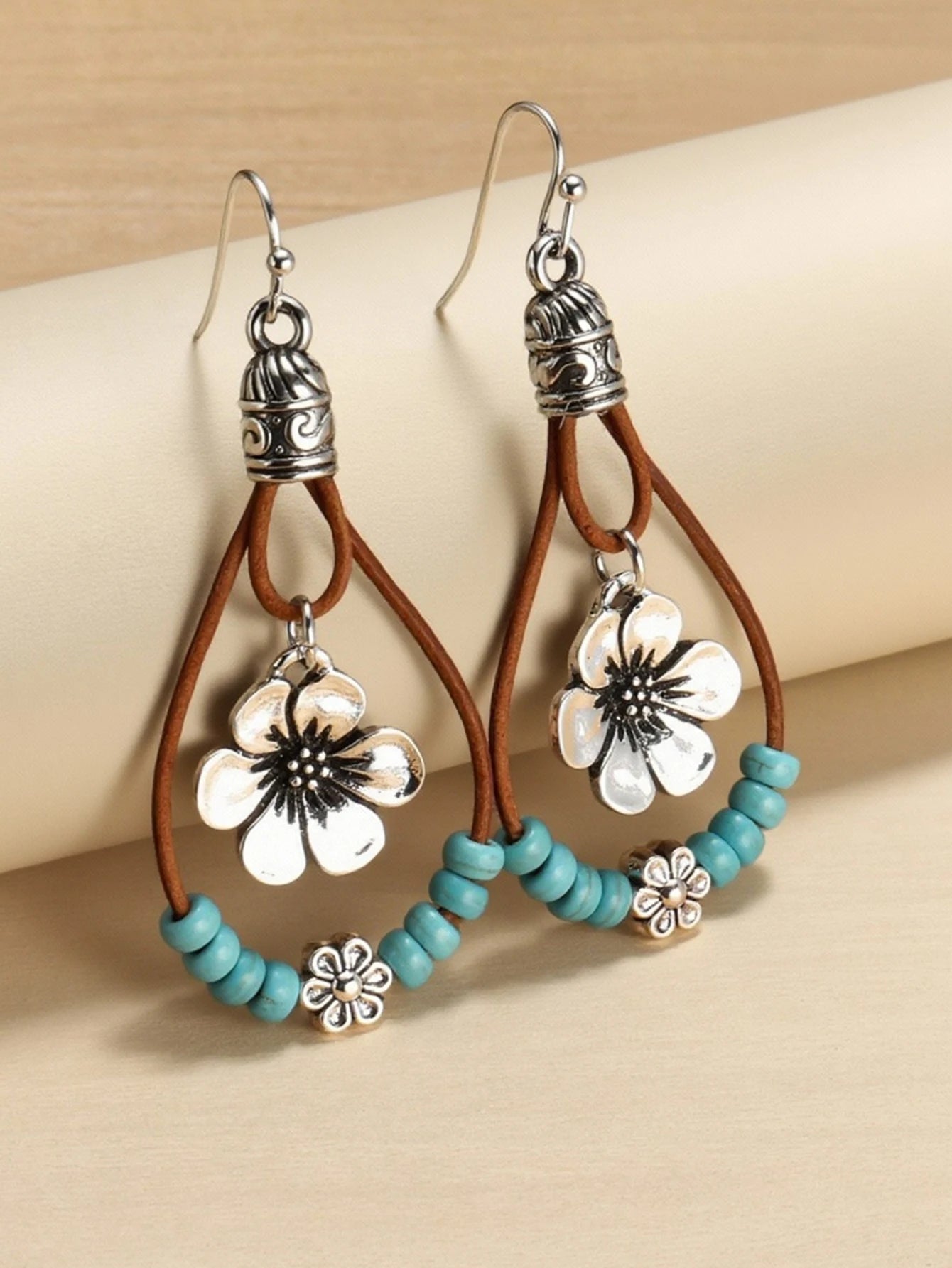 Bohemian Style Alloy Plum Blossom Pendant With Turquoise Beads, Double Layer Dangle Earrings, Vintage Jewelry by MadisonnSavannahBoutique