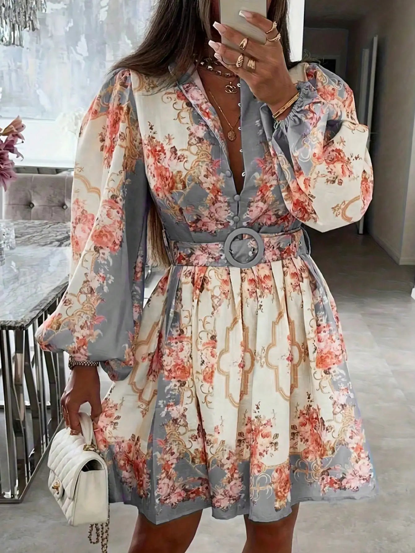 Floral Print Open Collar Long Sleeve Dress With Belt t A-Line by MadisonnSavannahBoutique