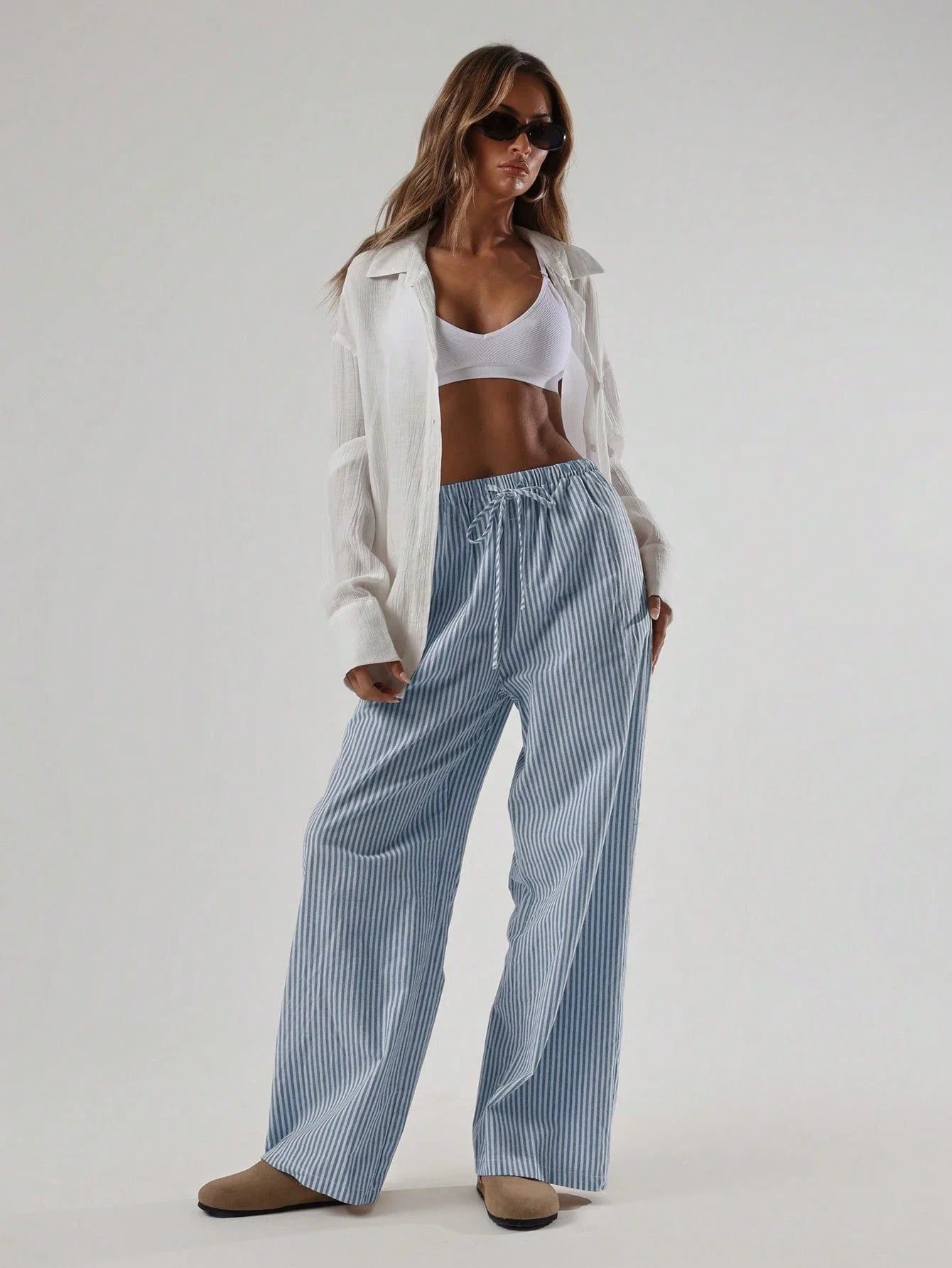 Striped Linen Feel Drawstring Waist Wide Leg Pants by MadisonnSavannahBoutique
