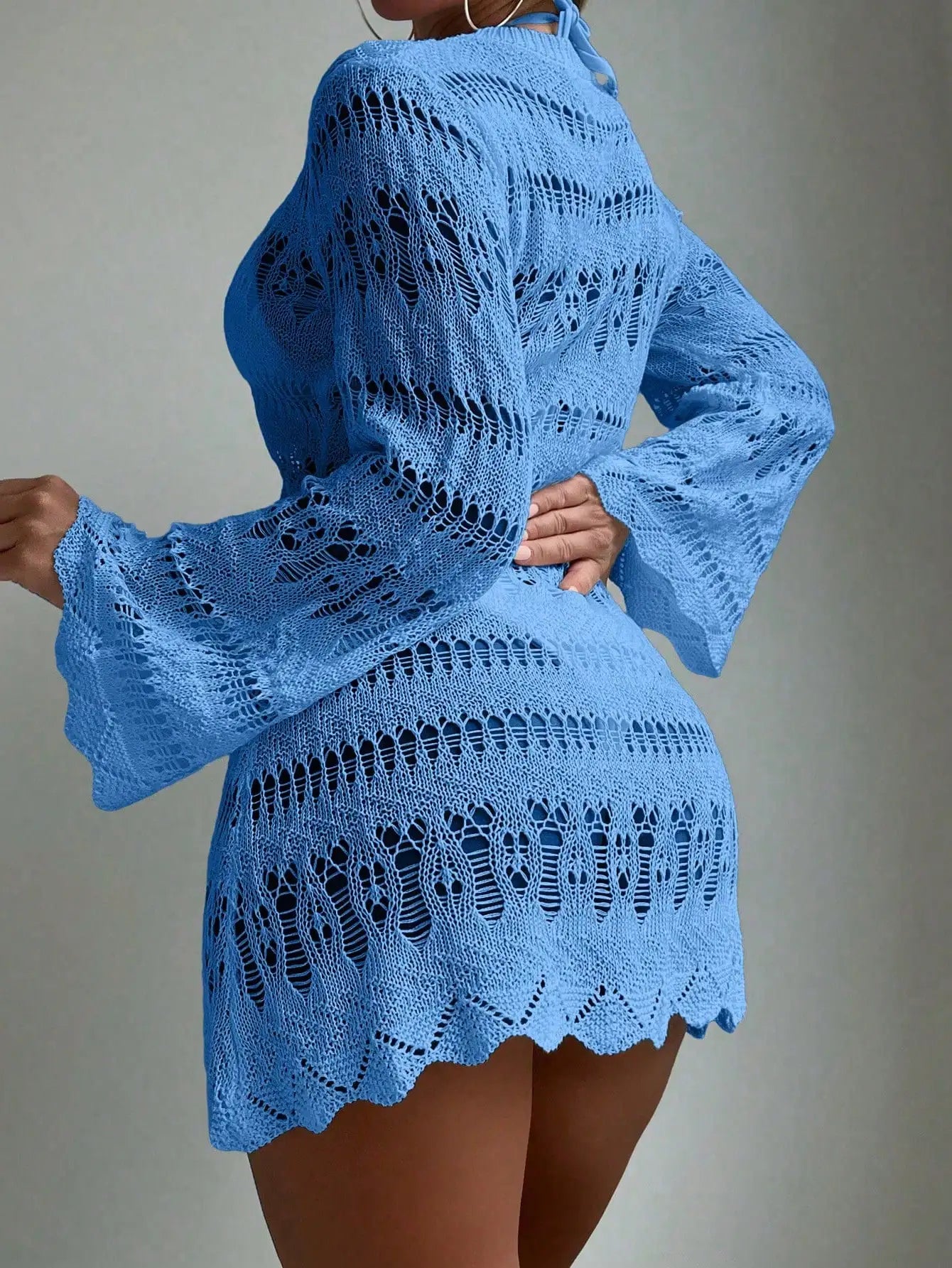 Blue Hollow Out Crochet Cover Up Dress With Scallop Trim Beachwear by MadisonnSavannahBoutique